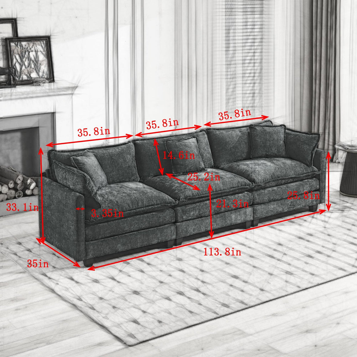 Cloud 3 Seats Sofa (Ottoman is not included) Chenille Fabric in Green