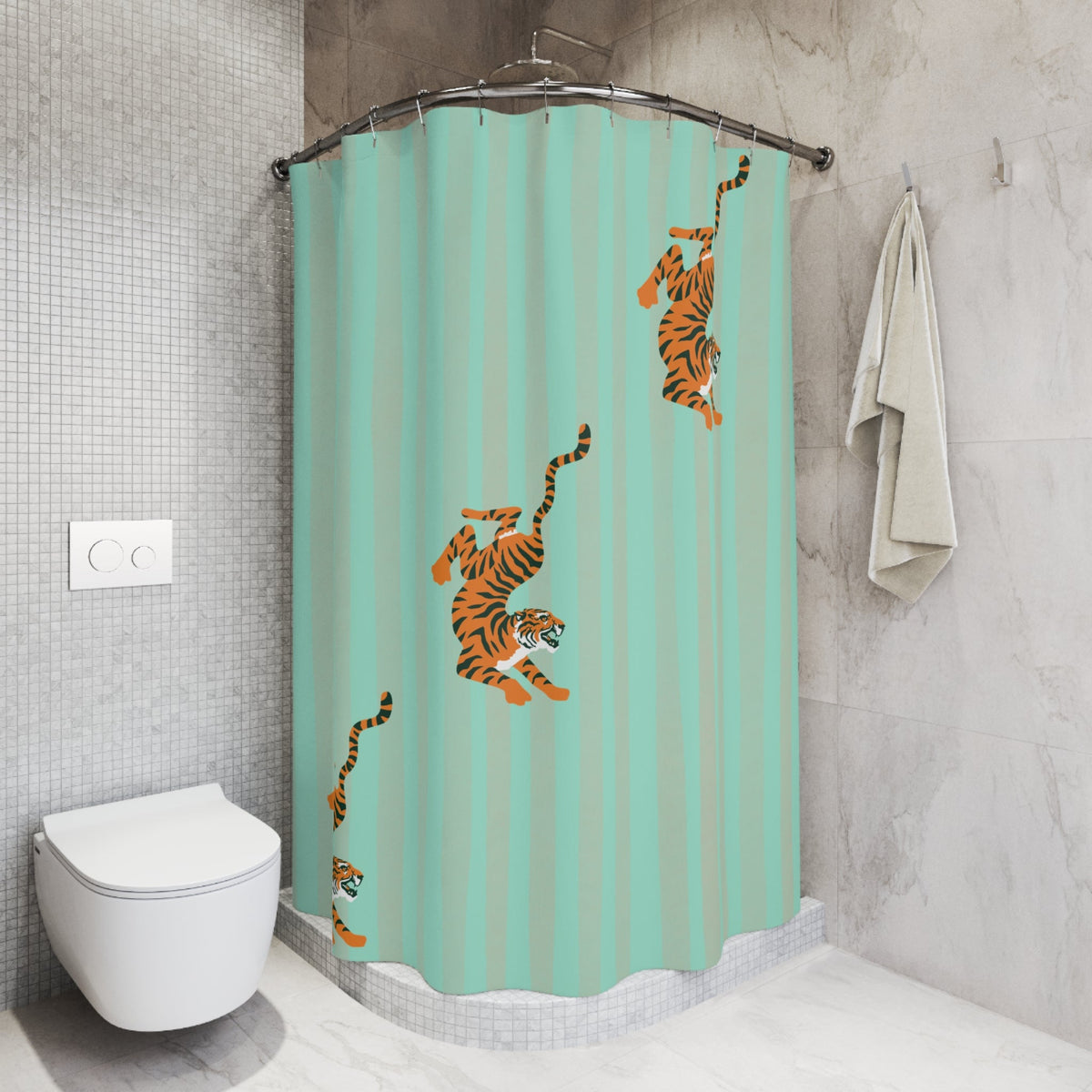Pastel Turquoise Striped Tiger Shower Curtain — Fiercely Feminine Bathroom Decor