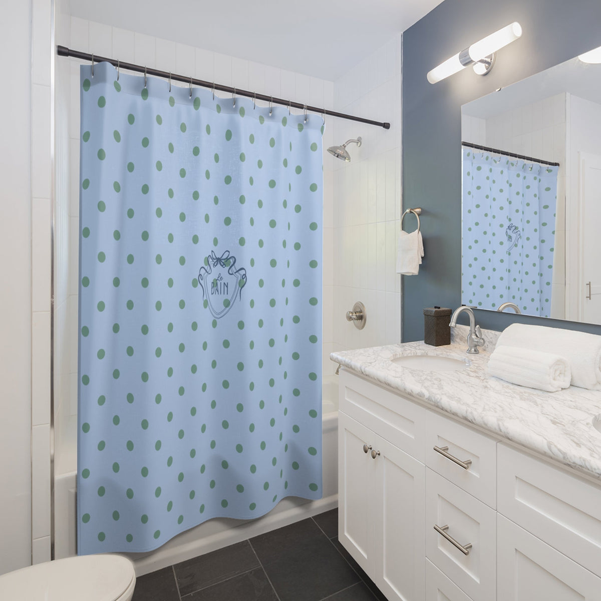 Polka Dot 'Le Bain' Shower Curtain – Pastel Blue & Green Bathroom Decor