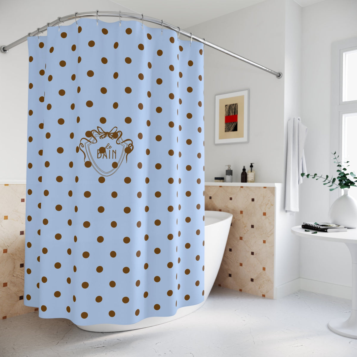 Polka Dot 'Le Bain' Shower Curtain – Pastel Blue & Brown Bathroom Decor