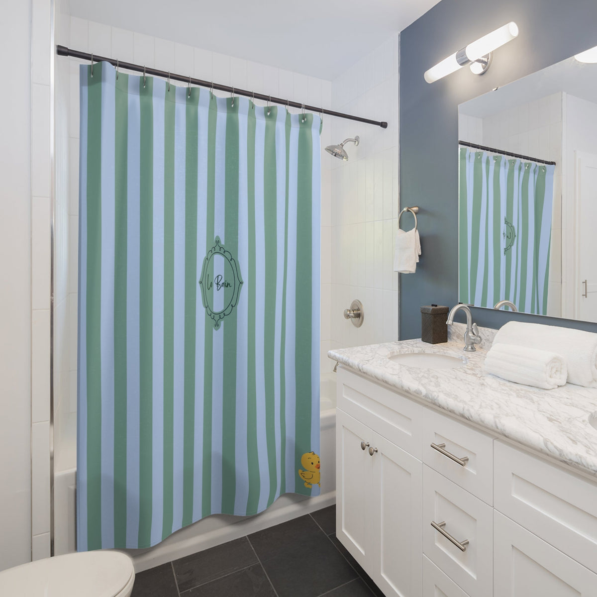 Striped Blue/Green Shower Curtain "Le Bain" with Rubber Ducky — French Kids Bathroom Decor