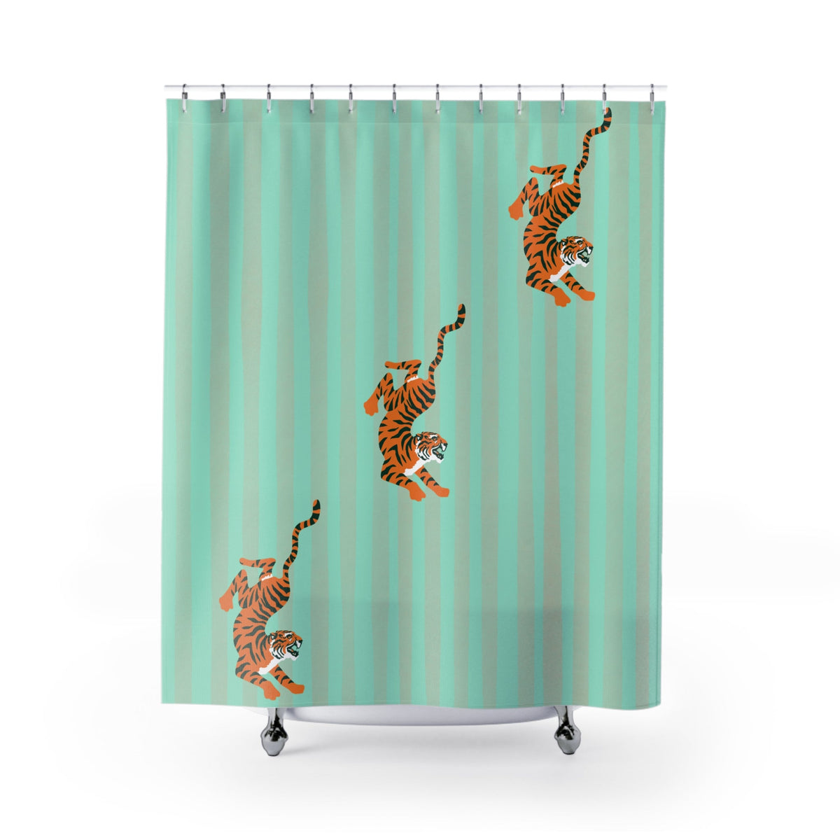 Pastel Turquoise Striped Tiger Shower Curtain — Fiercely Feminine Bathroom Decor