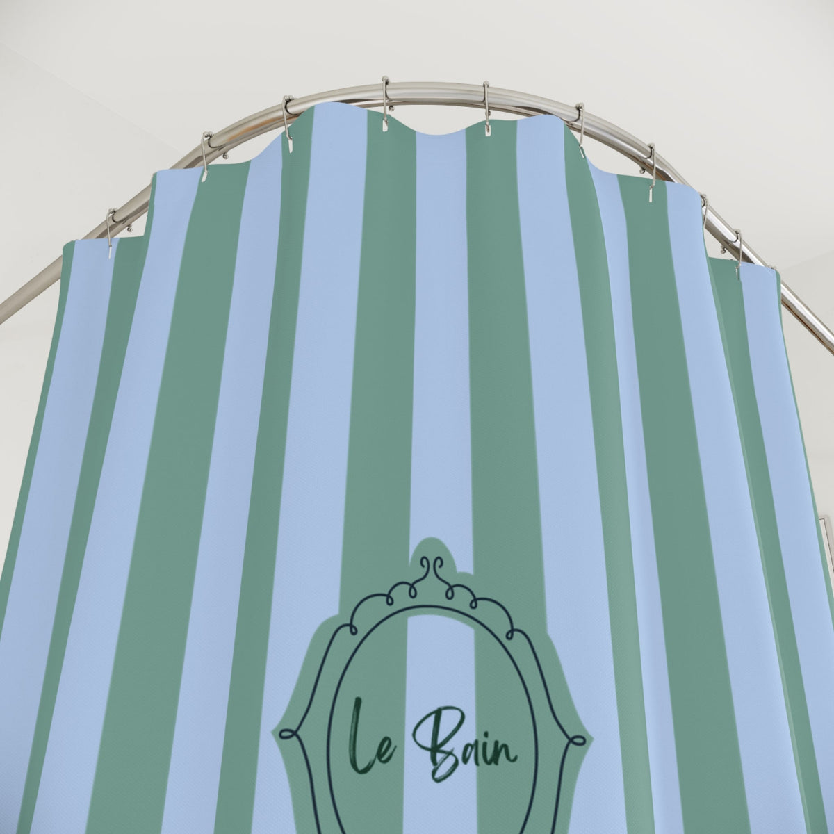 Striped Blue/Green Shower Curtain "Le Bain" with Rubber Ducky — French Kids Bathroom Decor