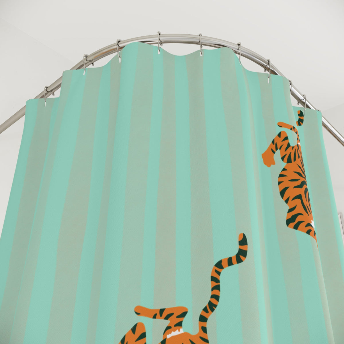 Pastel Turquoise Striped Tiger Shower Curtain — Fiercely Feminine Bathroom Decor