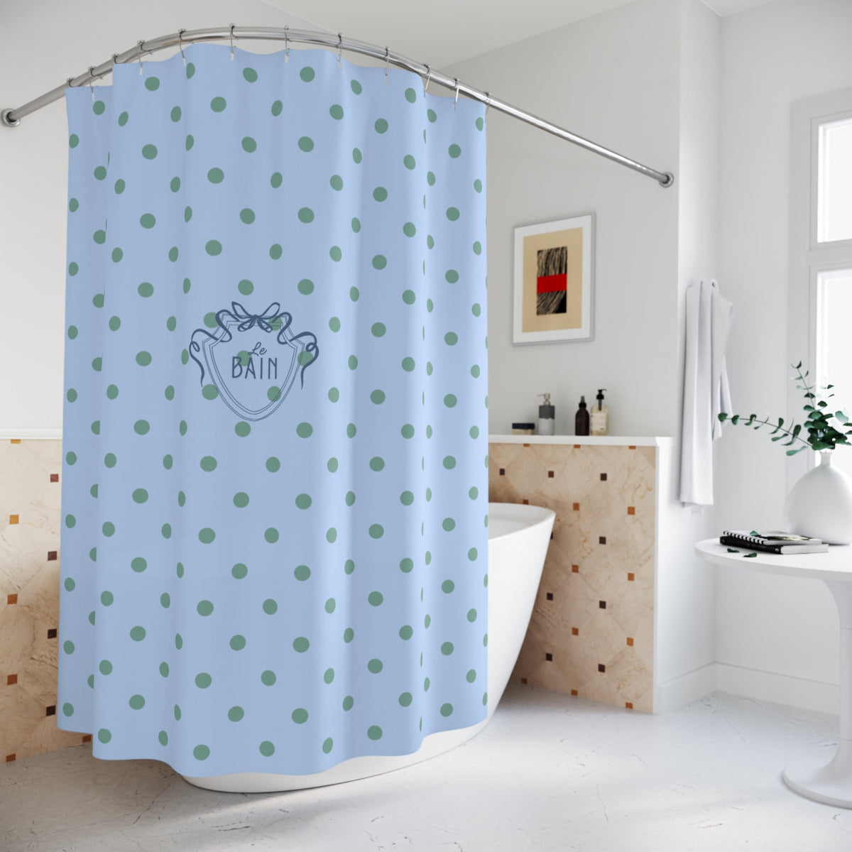 Polka Dot 'Le Bain' Shower Curtain – Pastel Blue & Green Bathroom Decor