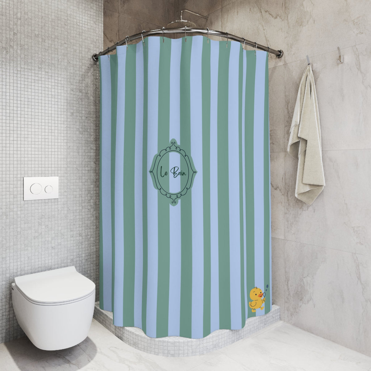 Striped Blue/Green Shower Curtain "Le Bain" with Rubber Ducky — French Kids Bathroom Decor