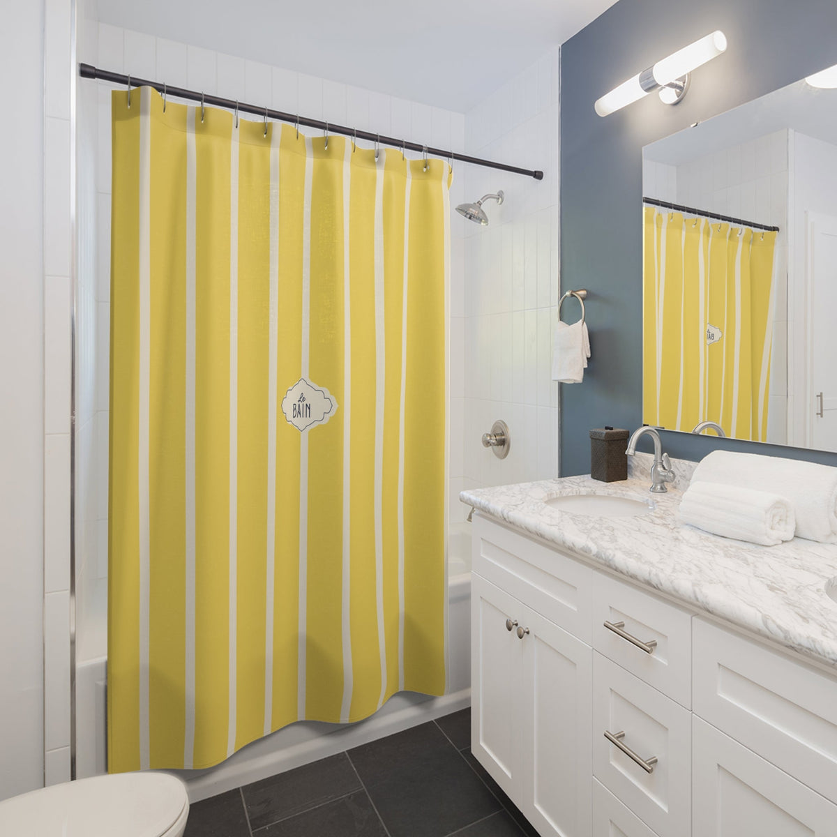 Shower Curtain — Yellow Striped French 'Le Bain' Bathroom Decor