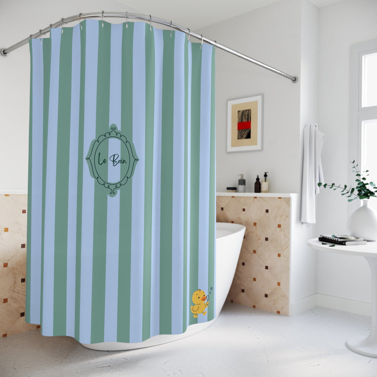 Striped Blue/Green Shower Curtain "Le Bain" with Rubber Ducky — French Kids Bathroom Decor