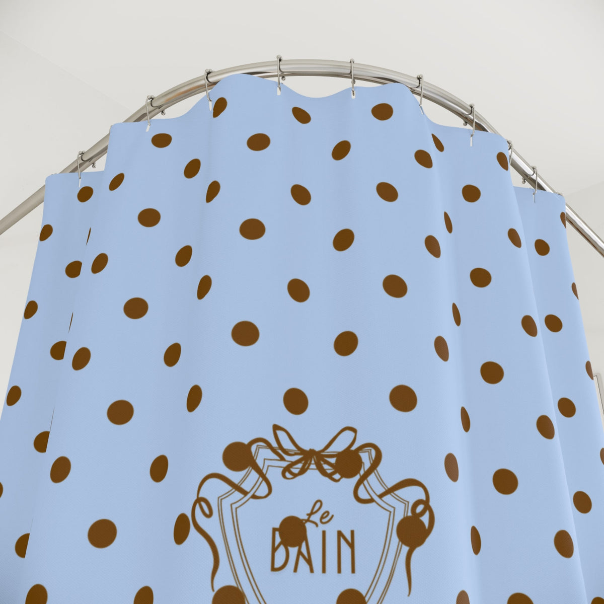Polka Dot 'Le Bain' Shower Curtain – Pastel Blue & Brown Bathroom Decor