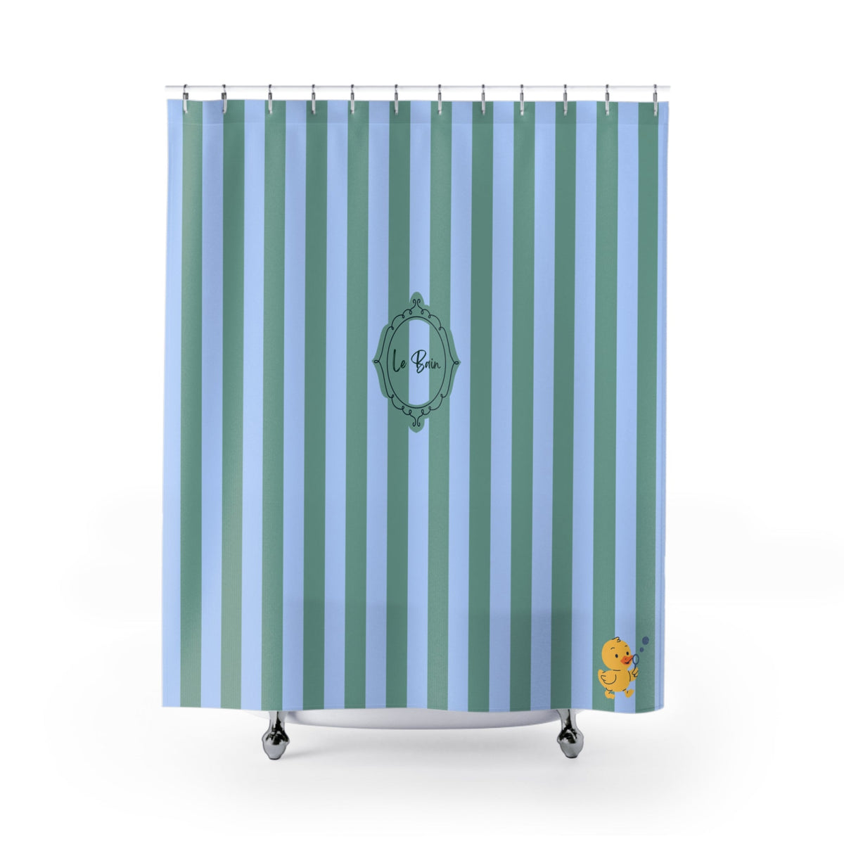 Striped Blue/Green Shower Curtain "Le Bain" with Rubber Ducky — French Kids Bathroom Decor