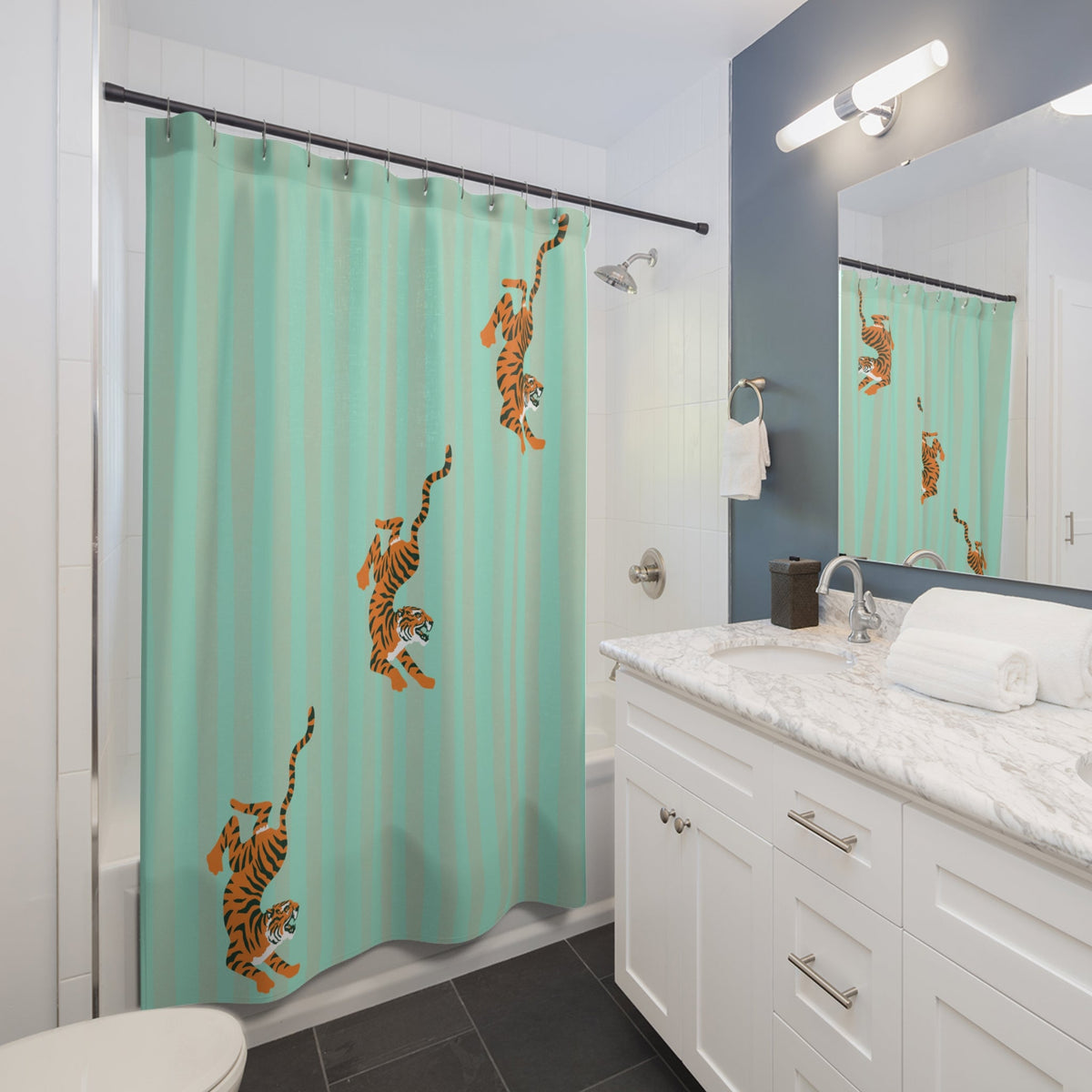 Pastel Turquoise Striped Tiger Shower Curtain — Fiercely Feminine Bathroom Decor