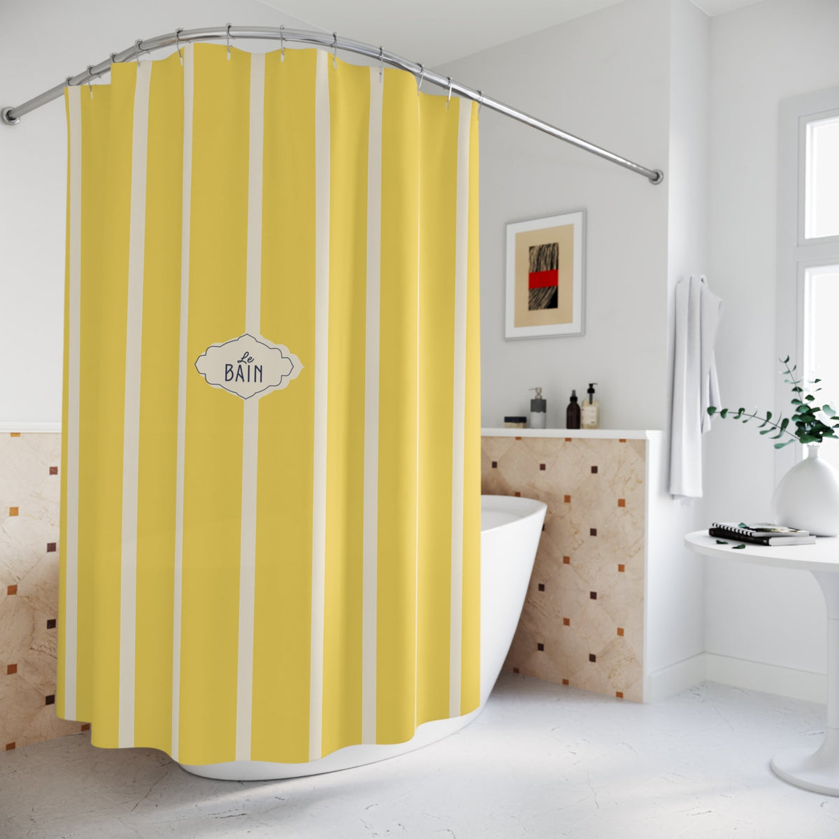 Shower Curtain — Yellow Striped French 'Le Bain' Bathroom Decor