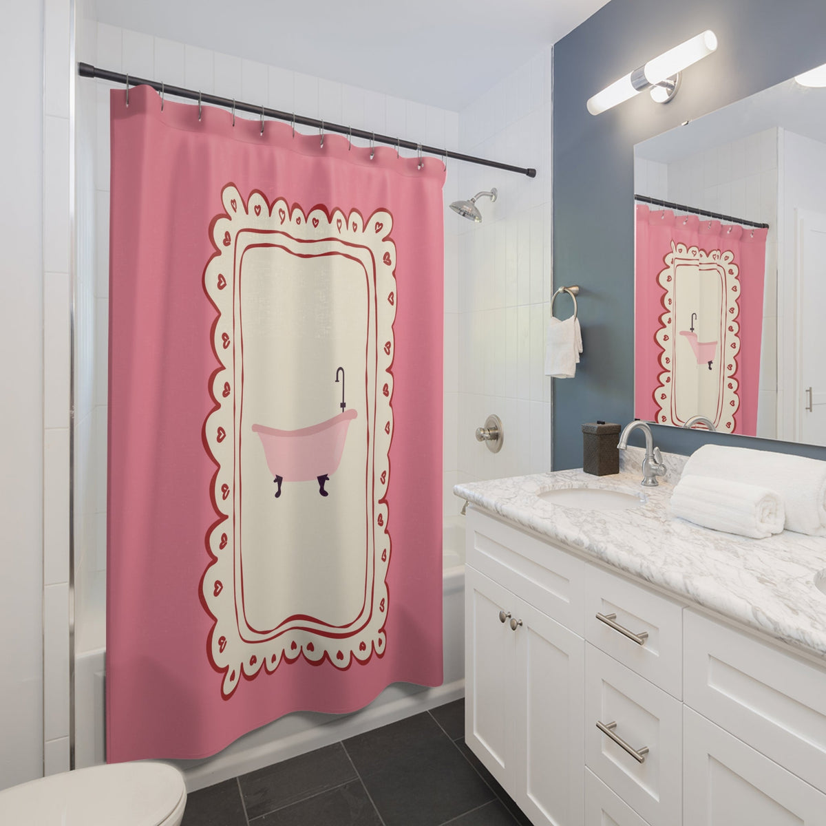 Vintage Girly Shower Curtain, PINK  |  Whimsical Decor