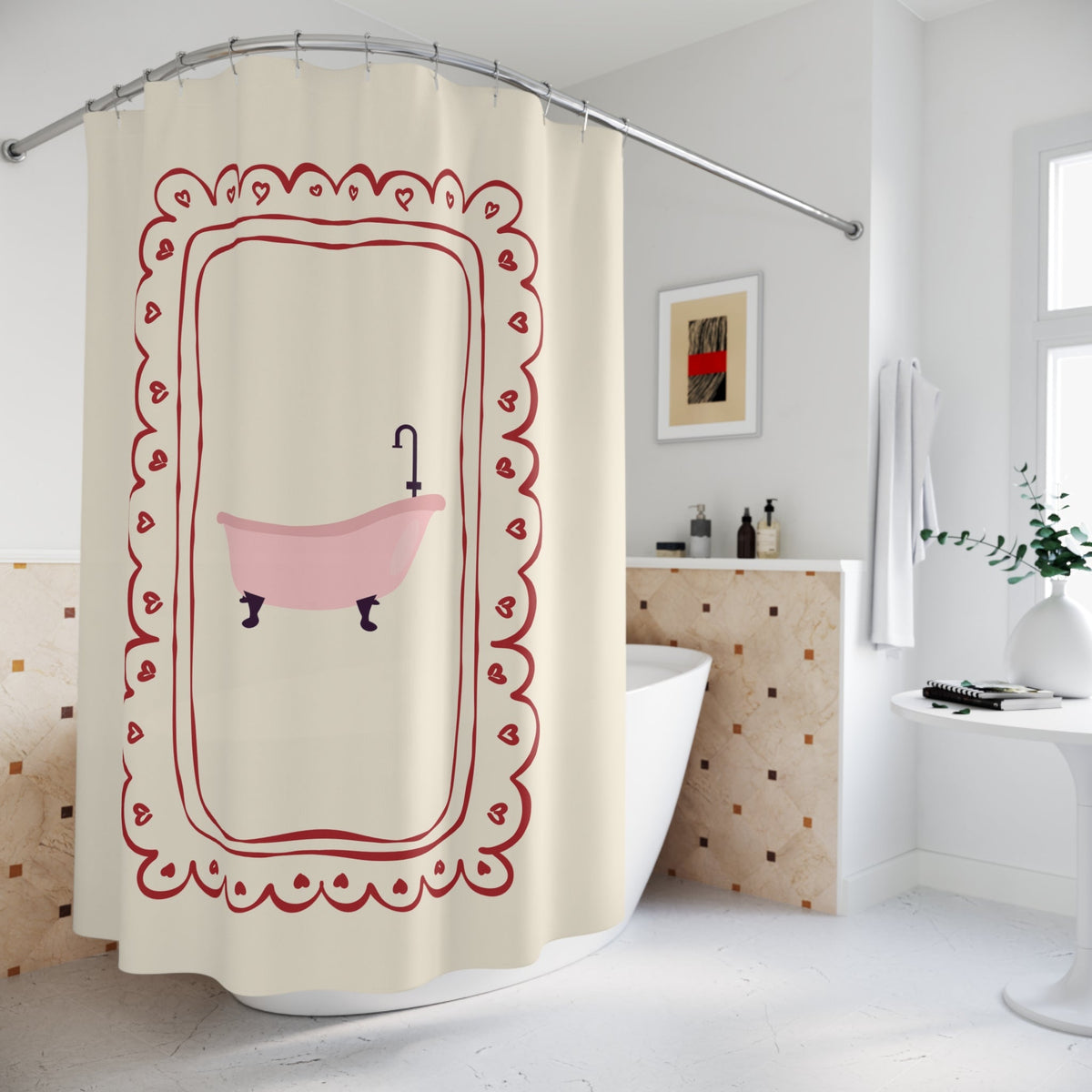 Vintage Girly Shower Curtain, BEIGE  |  Whimsical Bathroom Decor
