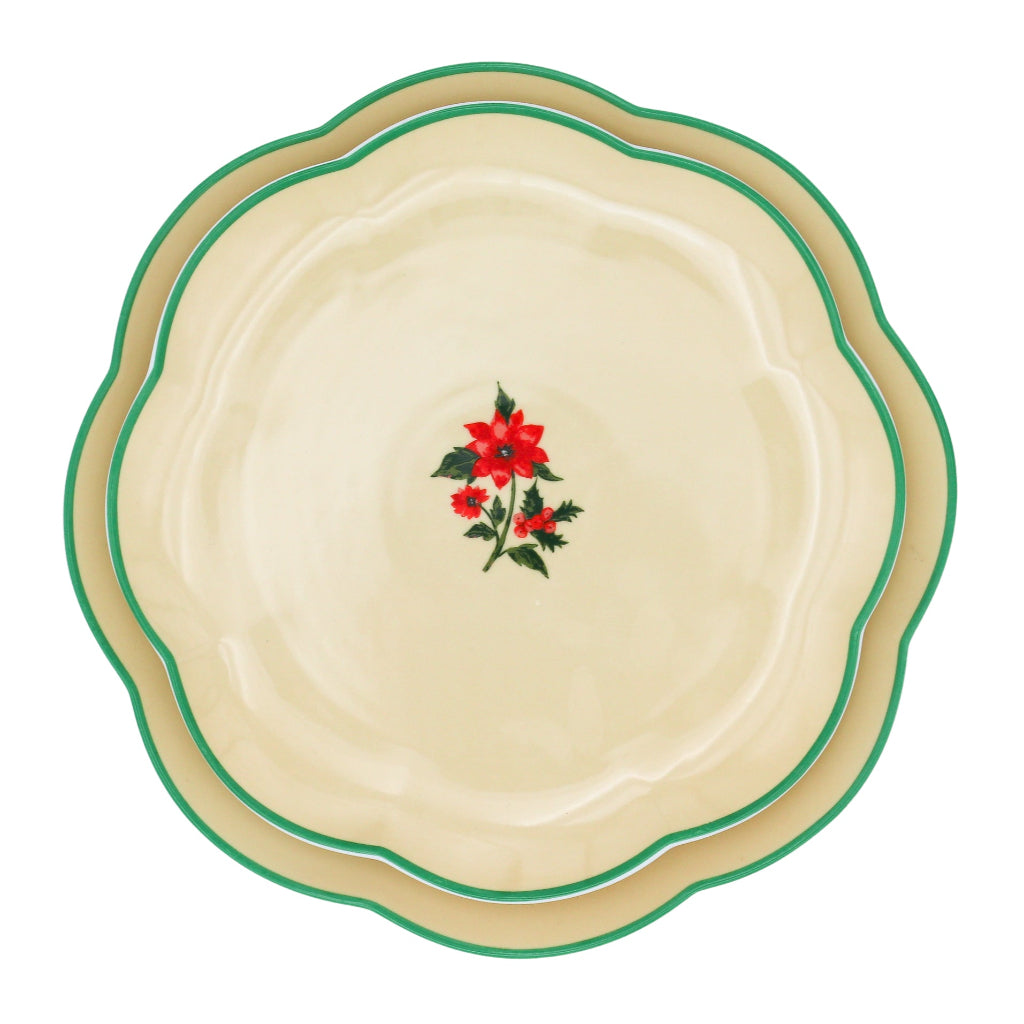 Festive Flora Scalloped Ceramic Dinner Plates – Set of 4 (+1 Bonus Plate)