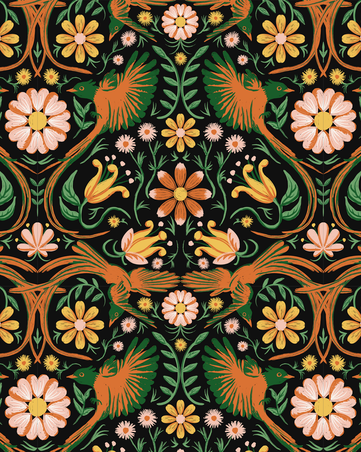 Folkie Birdie Wallpaper, black, orange and green