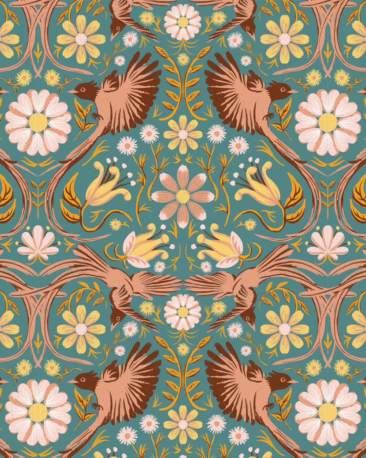 Folkie Birdie Wallpaper, dusty teal, peach and rust