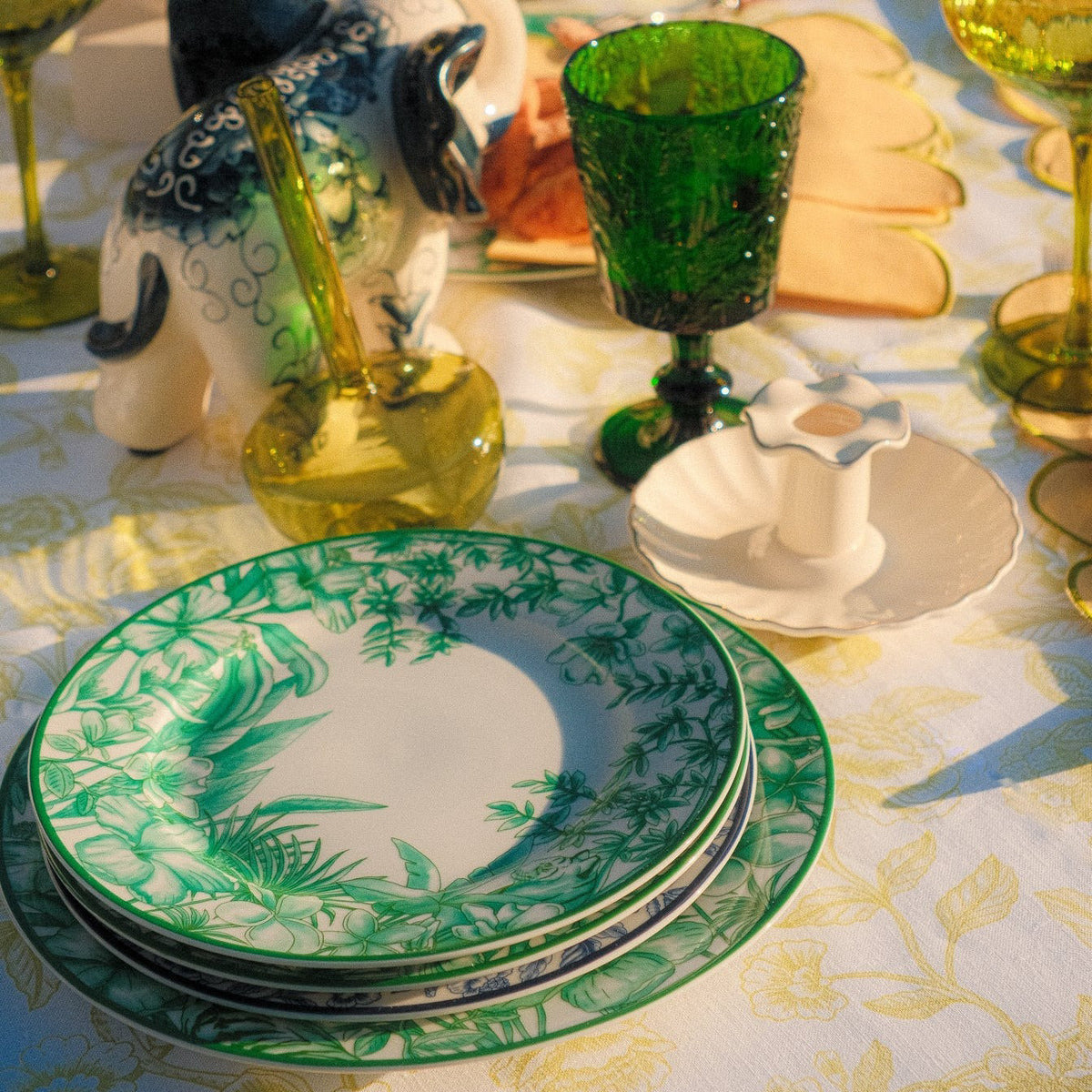 Monsoon Verdant Porcelain Dinner Plates – Set of 4 (+1 Bonus Plate)