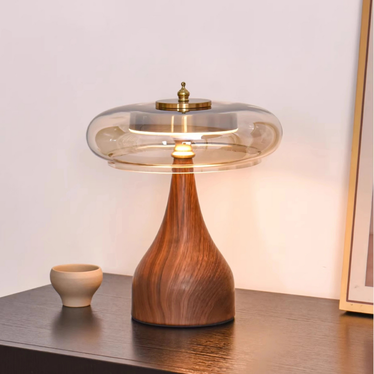 Modern Wooden & Glass Table Lamp | Minimalist Mushroom Desk Light