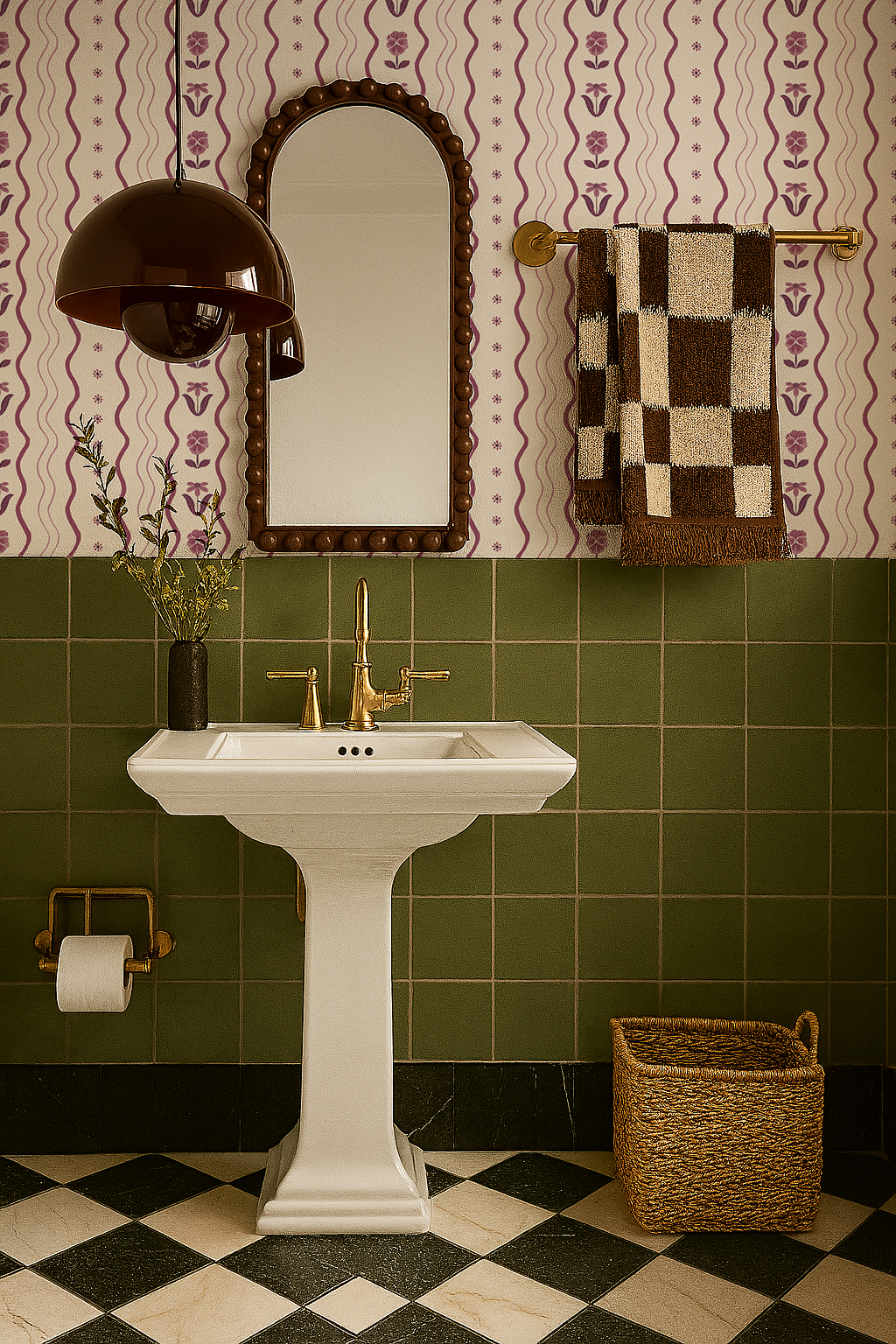 Posy Lane Stripe Wallpaper, beige and plum purple