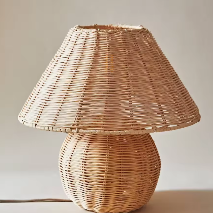 Woven Rattan Sphere Table Lamp | Boho Natural Wicker Desk Light