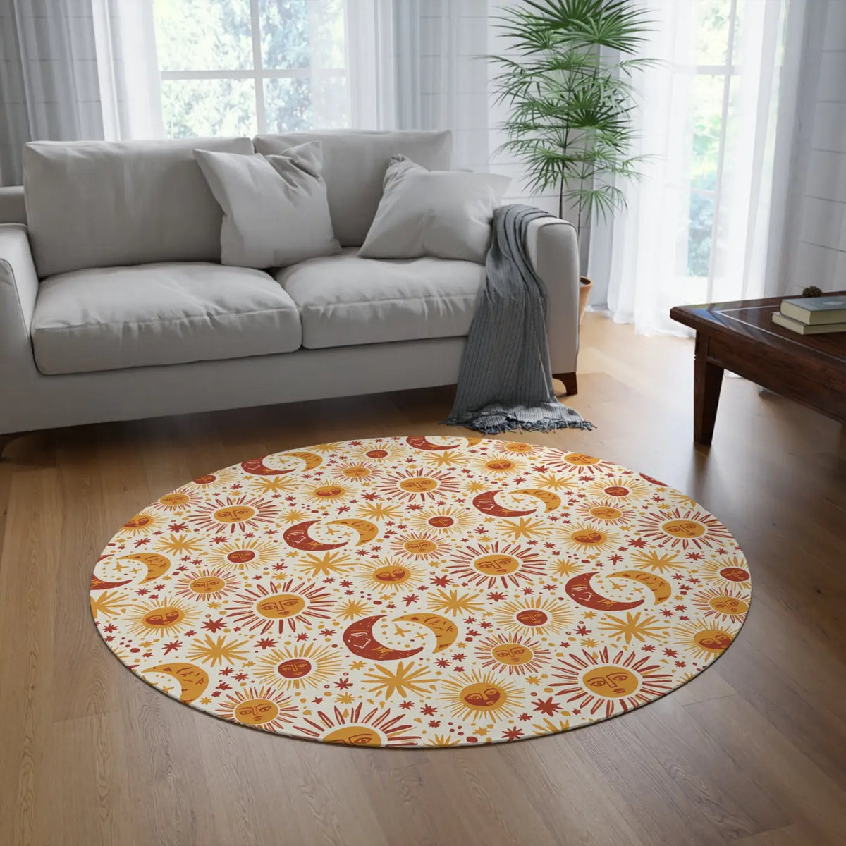 DipaliZ Celestial Area Rug Retro Sun Moon Round Chenille