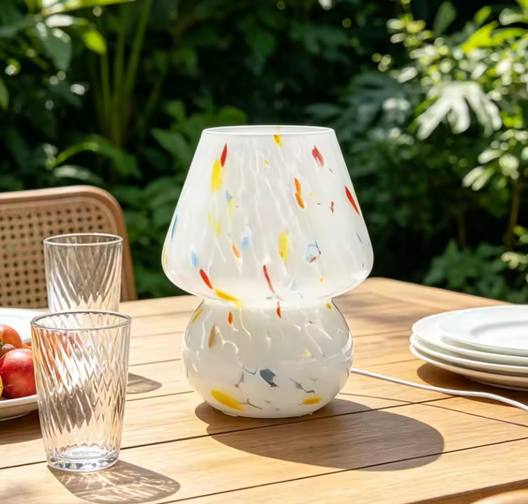 Murano-Style Glass Mushroom Table Lamp | Colorful Striped & Dotted Bedside Light
