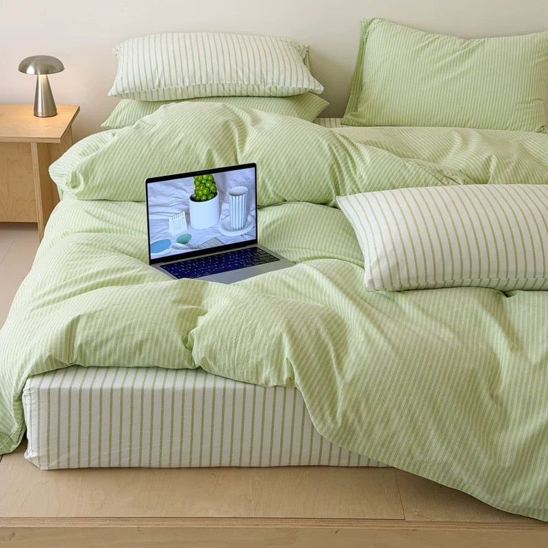 Pistachio Green Striped Duvet Cover Set