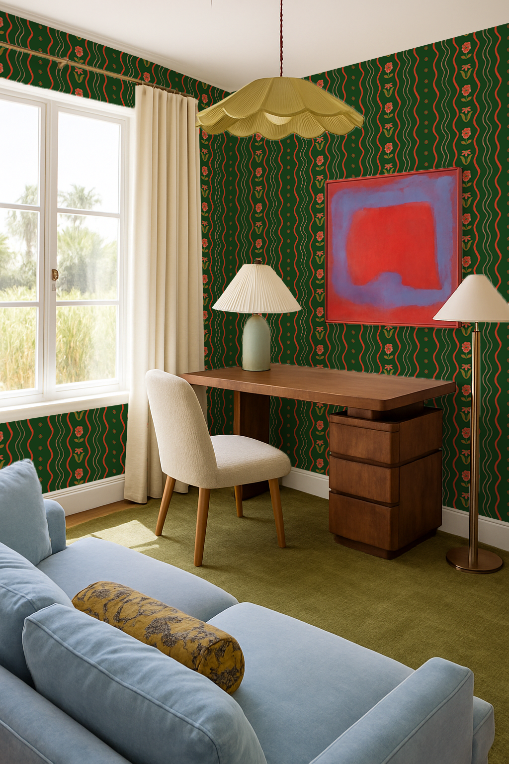 Posy Lane Stripe Wallpaper, dark green and poppy red