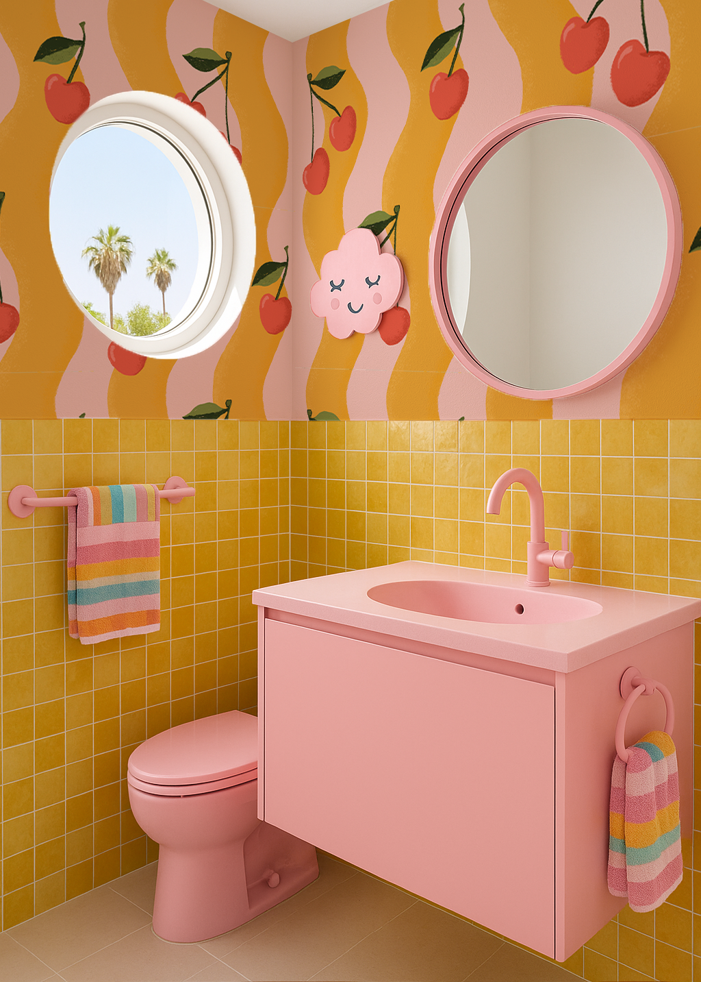 Wavy Cherry Wallpaper, pink and yellow