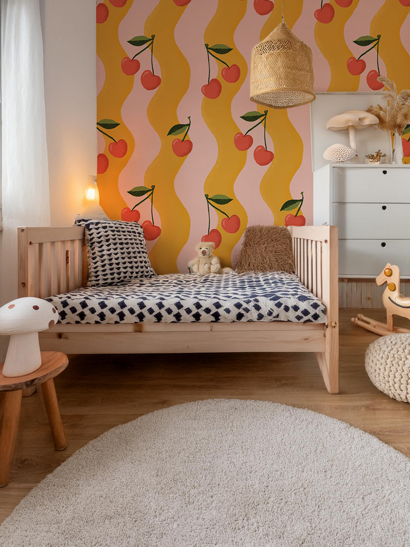 Wavy Cherry Wallpaper, pink and yellow