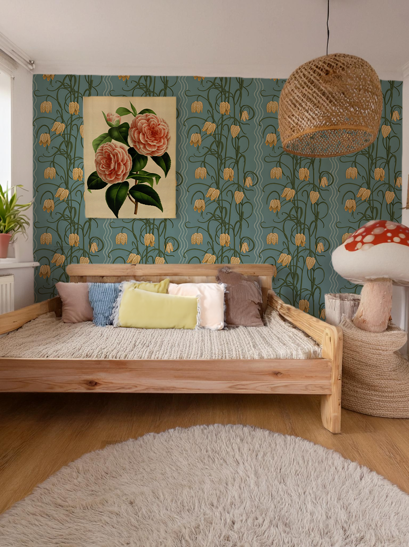 Campanas Wallpaper, dusty blue and marigold