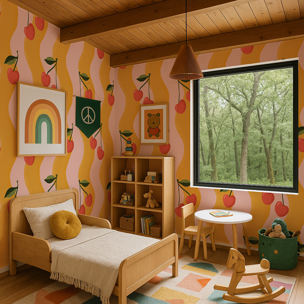 Wavy Cherry Wallpaper, pink and yellow