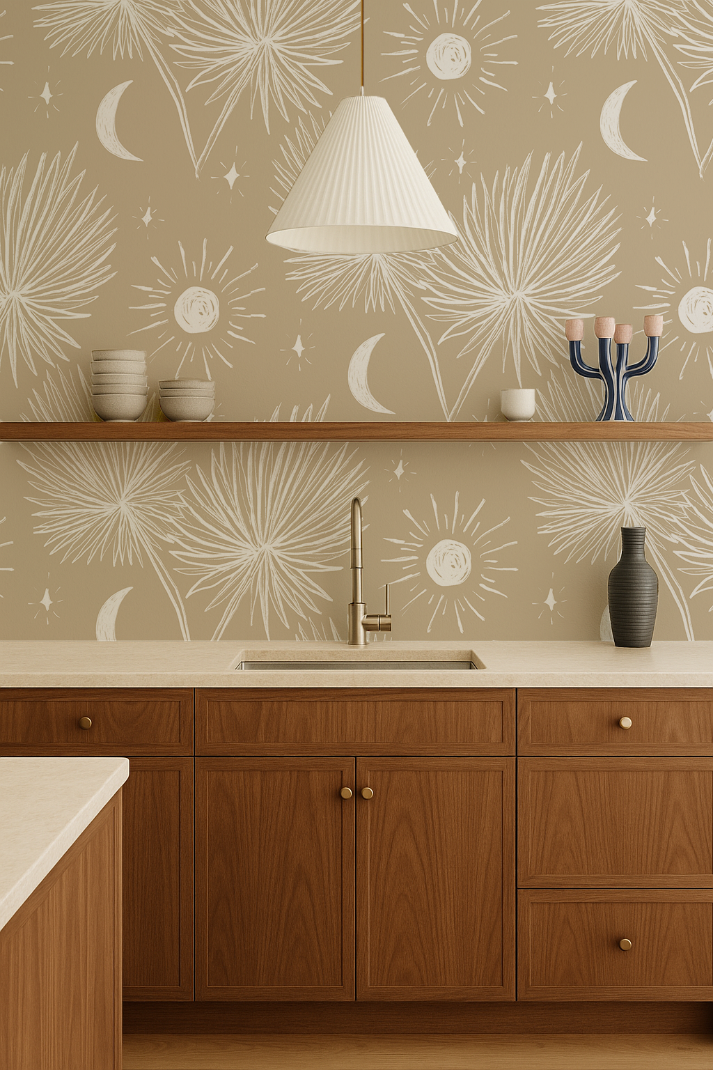 Night Palm Wallpaper, tan and white