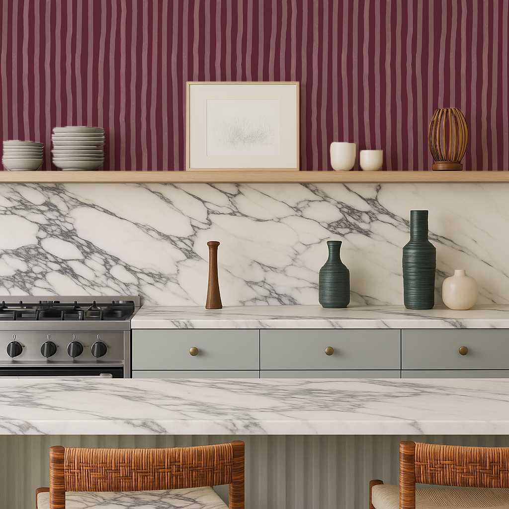 Dolce Stripe Wallpaper, eggplant and mauve