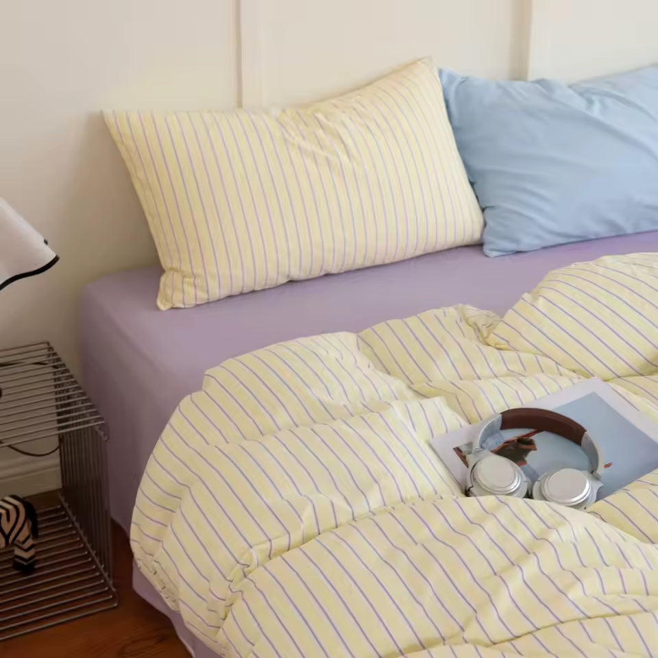 Pastel Yellow & Lilac Striped Bedding Set