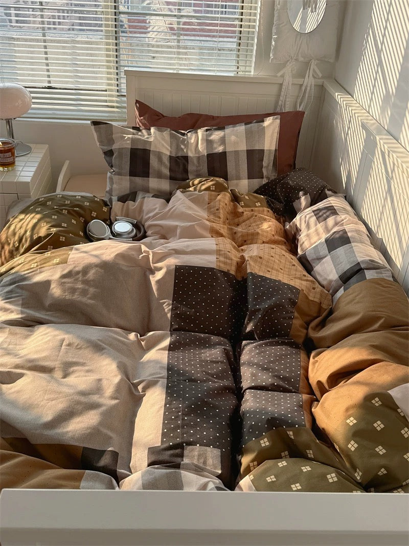 Preppy Brown Patchwork Cotton Bedding Set