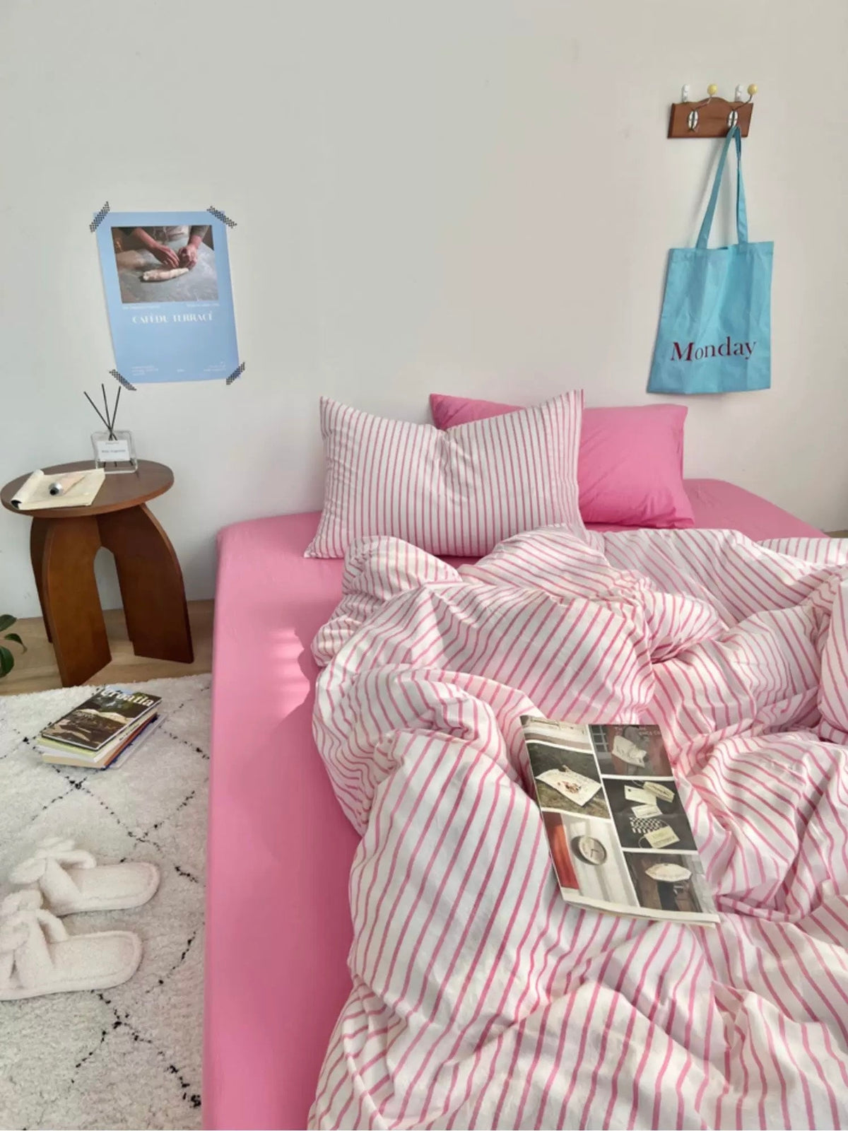 Preppy Aesthetic Pink Striped Duvet Cover Set