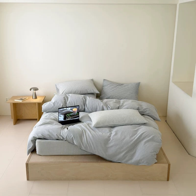 Light Gray Striped Cotton Duvet Cover Set