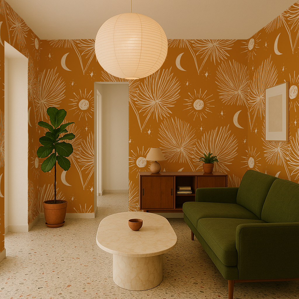 Night Palm Wallpaper, marigold and white
