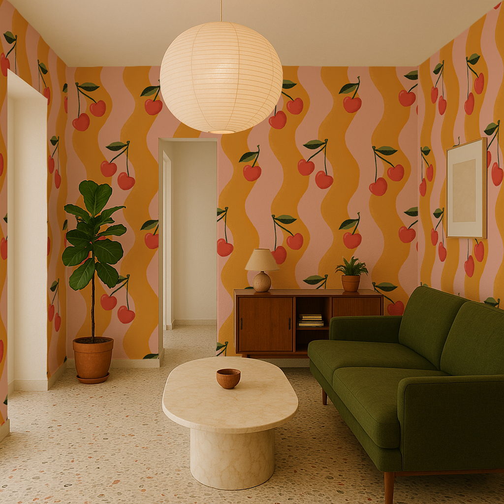 Wavy Cherry Wallpaper, pink and yellow