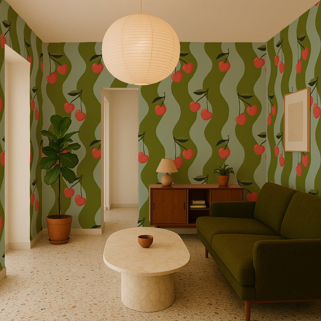 Wavy Cherry Wallpaper, teal and green