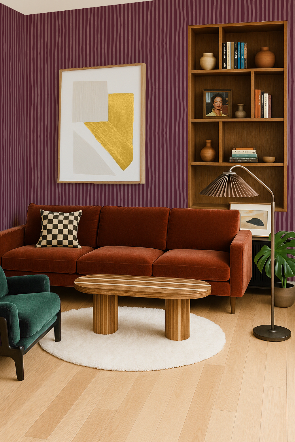 Dolce Stripe Wallpaper, eggplant and mauve