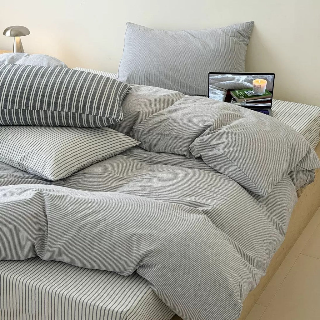 Light Gray Striped Cotton Duvet Cover Set