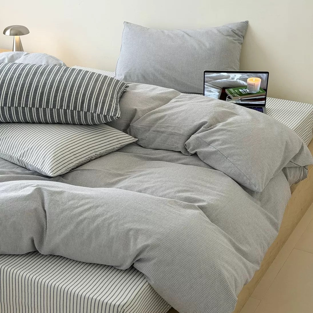 Light Gray Striped Cotton Duvet Cover Set