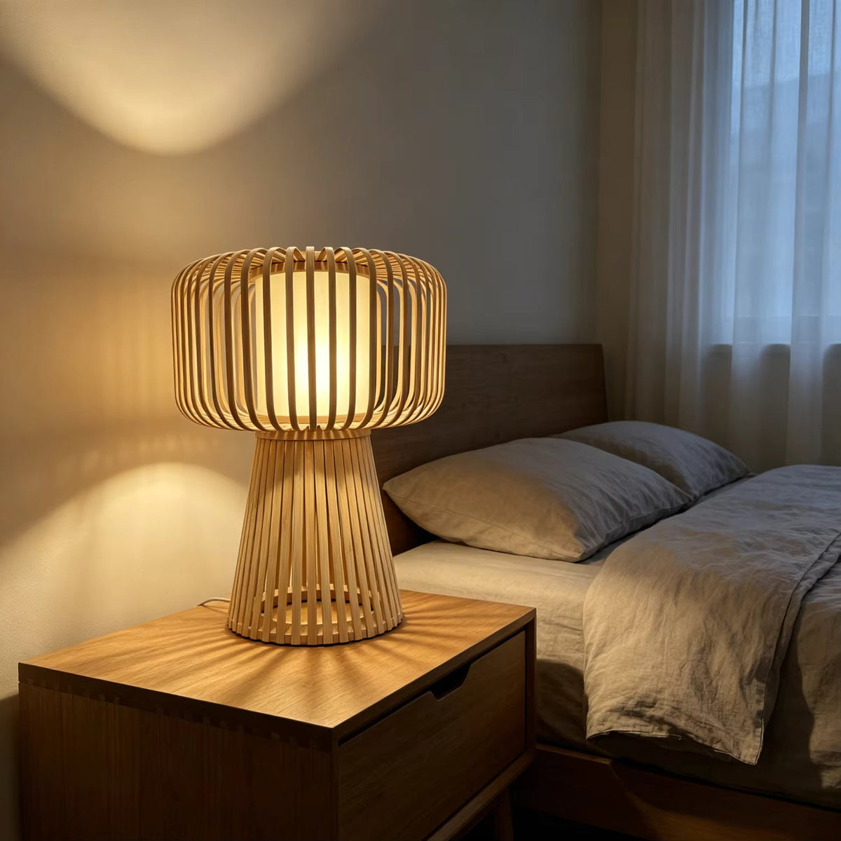 Handcrafted Natural Bamboo Mushroom Table Lamp | Slatted Woven Desk Light