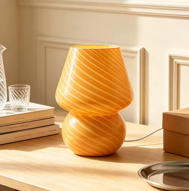 Murano-Style Glass Mushroom Table Lamp | Colorful Striped & Dotted Bedside Light