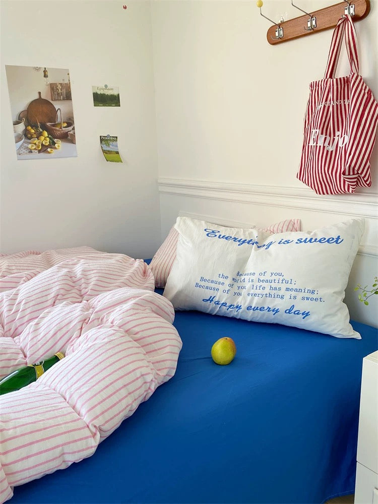 Pink & White Striped Cotton Duvet Cover Set