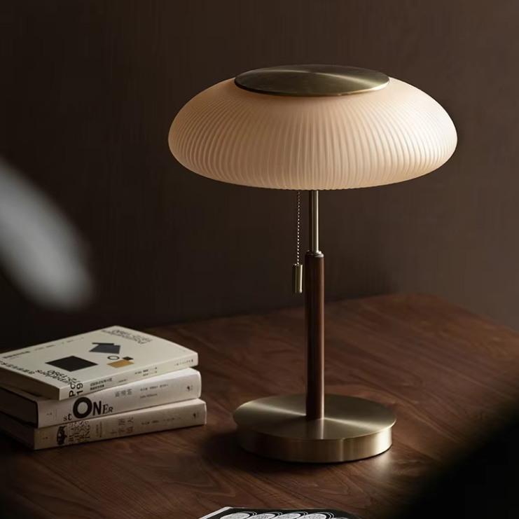Pleated Glass & Wood Table Lamp | Vintage Brass Desk Light