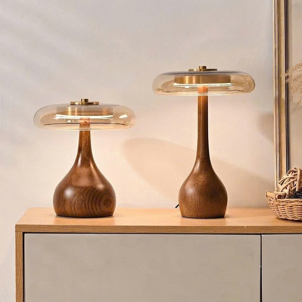 Modern Wooden & Glass Table Lamp | Minimalist Mushroom Desk Light